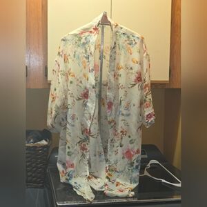 J.m Floral Sheer Kimono Cardigan in Cream with Pastel Blooms